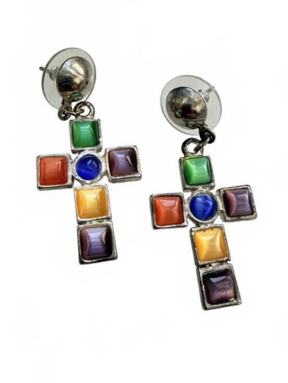 Vintage Multicolor Glass Cross Dangle Earrings | Silver Tone